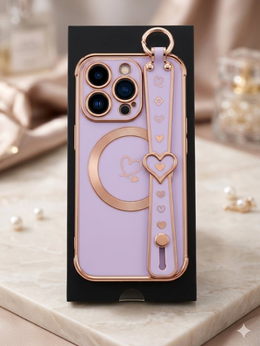 iPhone 16 Pro Case – Wrist Strap + Kickstand – Heart Design – Protective TPU